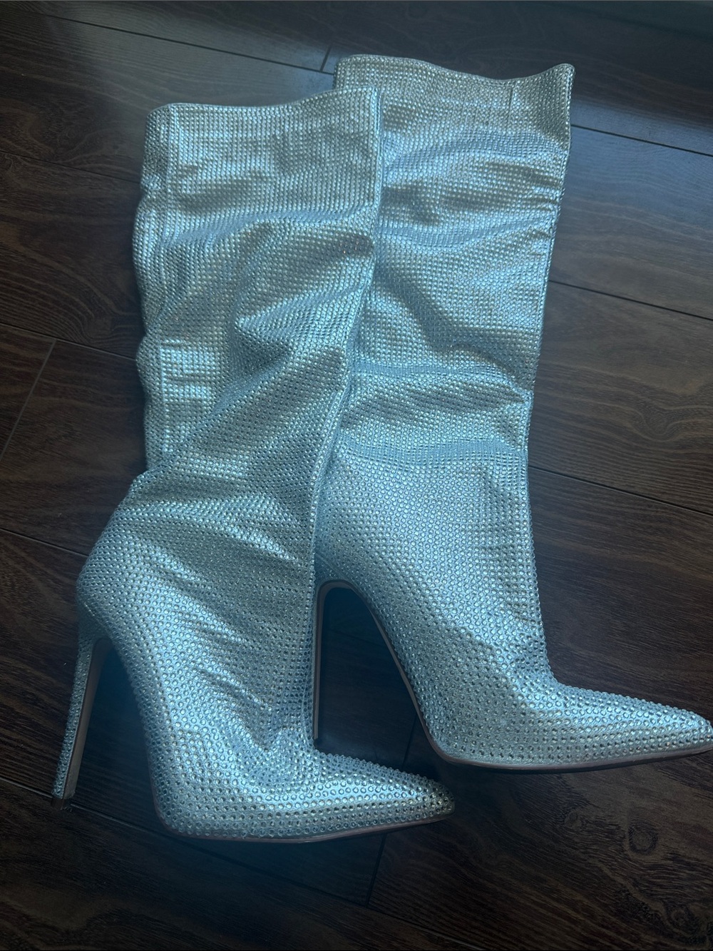 EGO Silver Rhinestone Knee-High Stiletto Boots